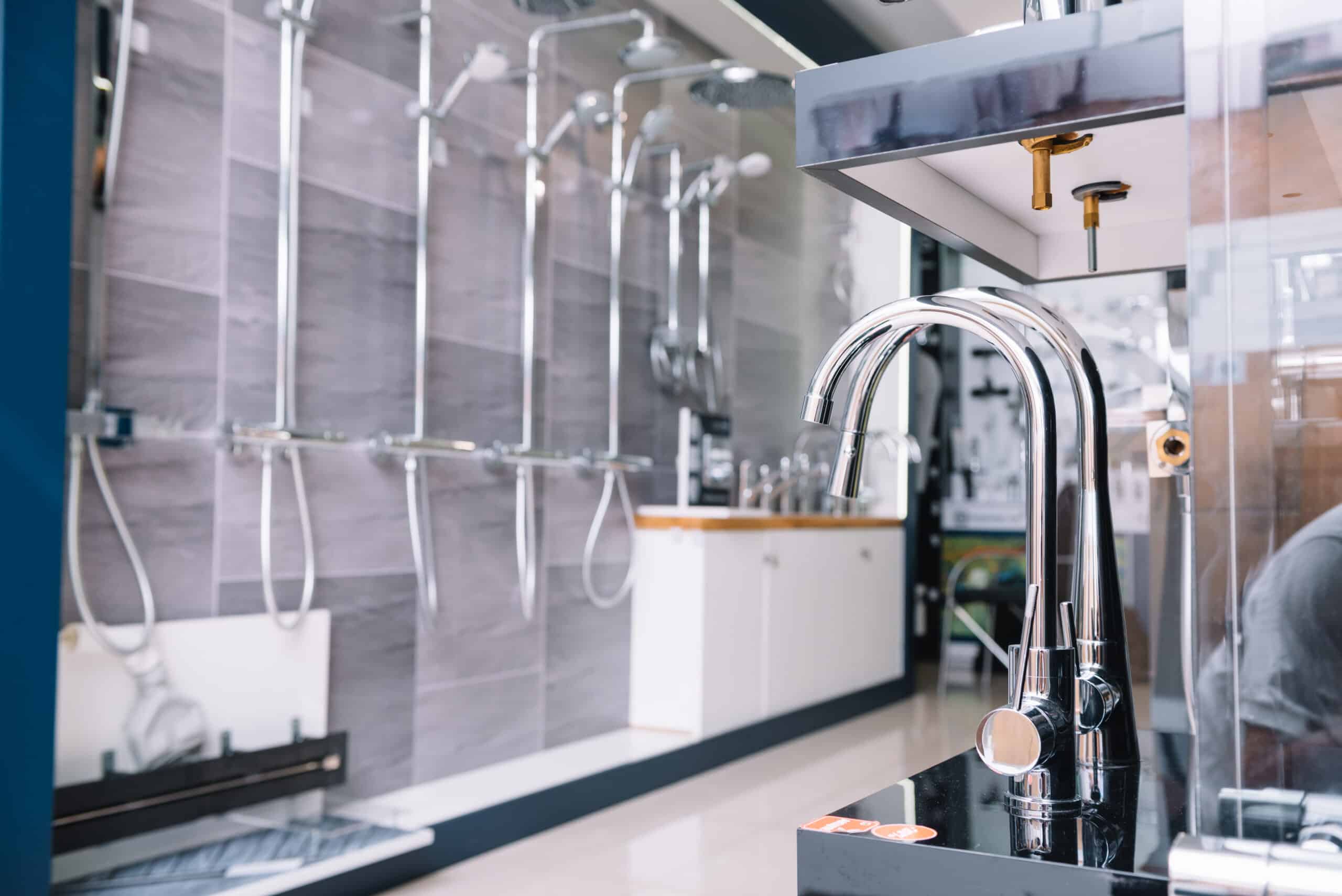 Rows of new faucets in plumbing shop, closeup